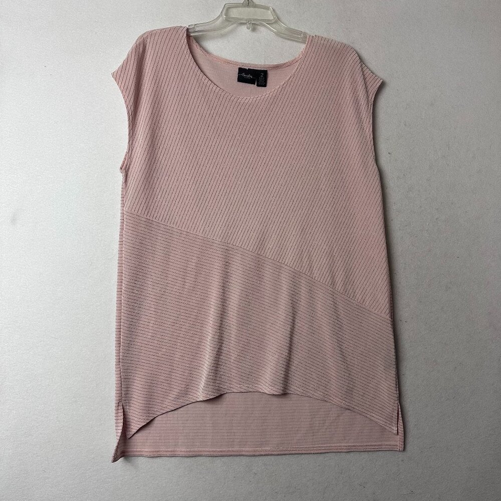 Chico's Travelers Tunic Top‎ Sz L Metallic silver stripe Blush Pink hi low hem